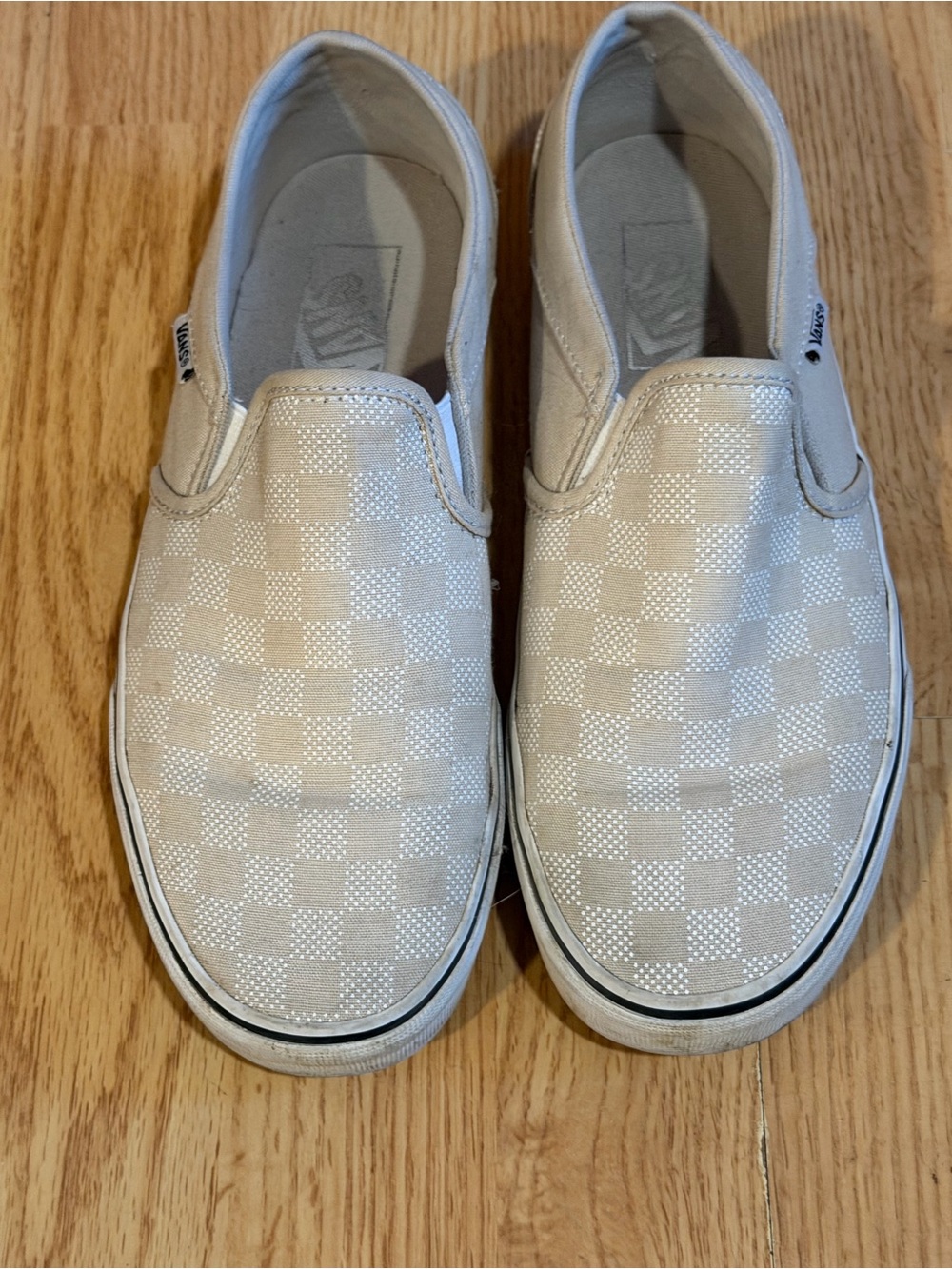 Vans Slip-On Checkerboard Canvas Loafers in Beige and White